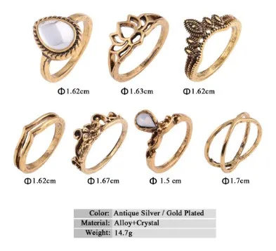 Set di anelli nocche con giunto di loto vintage in argento antico/oro con pietre preziose false Knuckle Midi Mid Finger Tip Stacking Rings