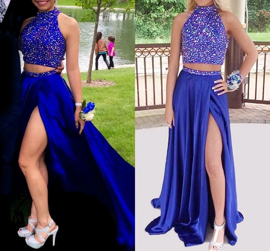 Seksi yüksek boyunlu iki parça uzun balo elbiseleri 2023 kraliyet mavi gece elbise yan yarık renkli boncuk kristal lüks parti elbiseleri mezuniyet