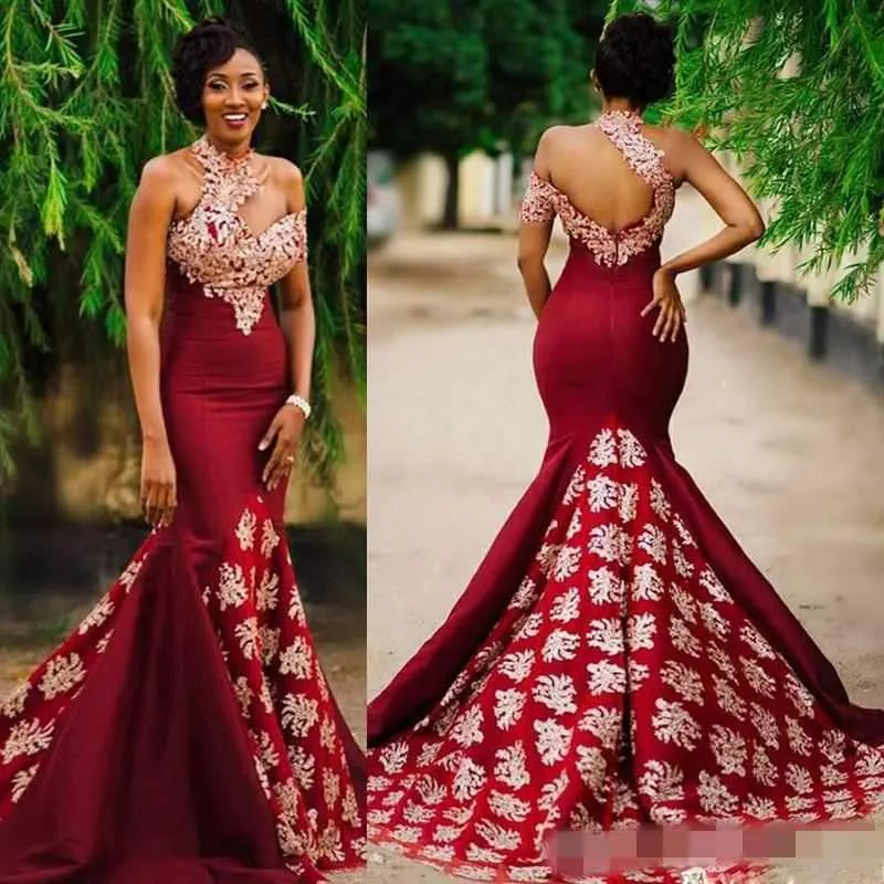 2019 Unique Designer Burgundy Mermaid Prom Dresses High Neck Backless Long Sheath Evening Dresses For Black Girls Prom Gowns
