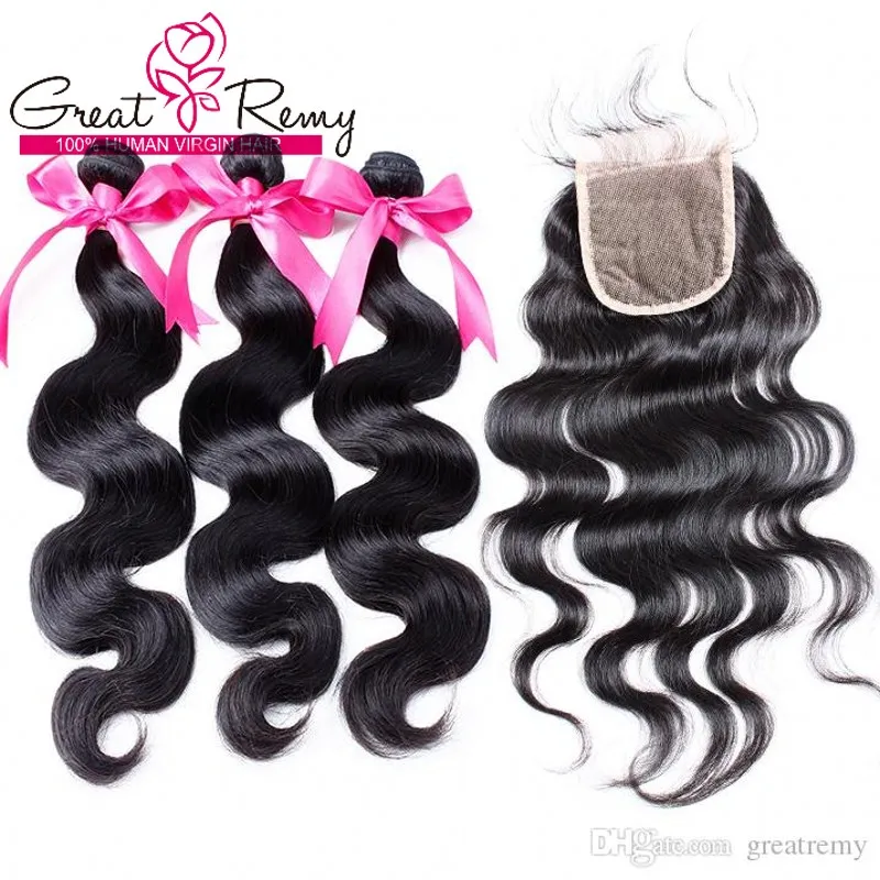 Virgin Hair Weave 100% Obehandlat Indiska Human Hair Extensions Naturfärg Kroppsvåg 2st Hårväv + Förslutning 4 