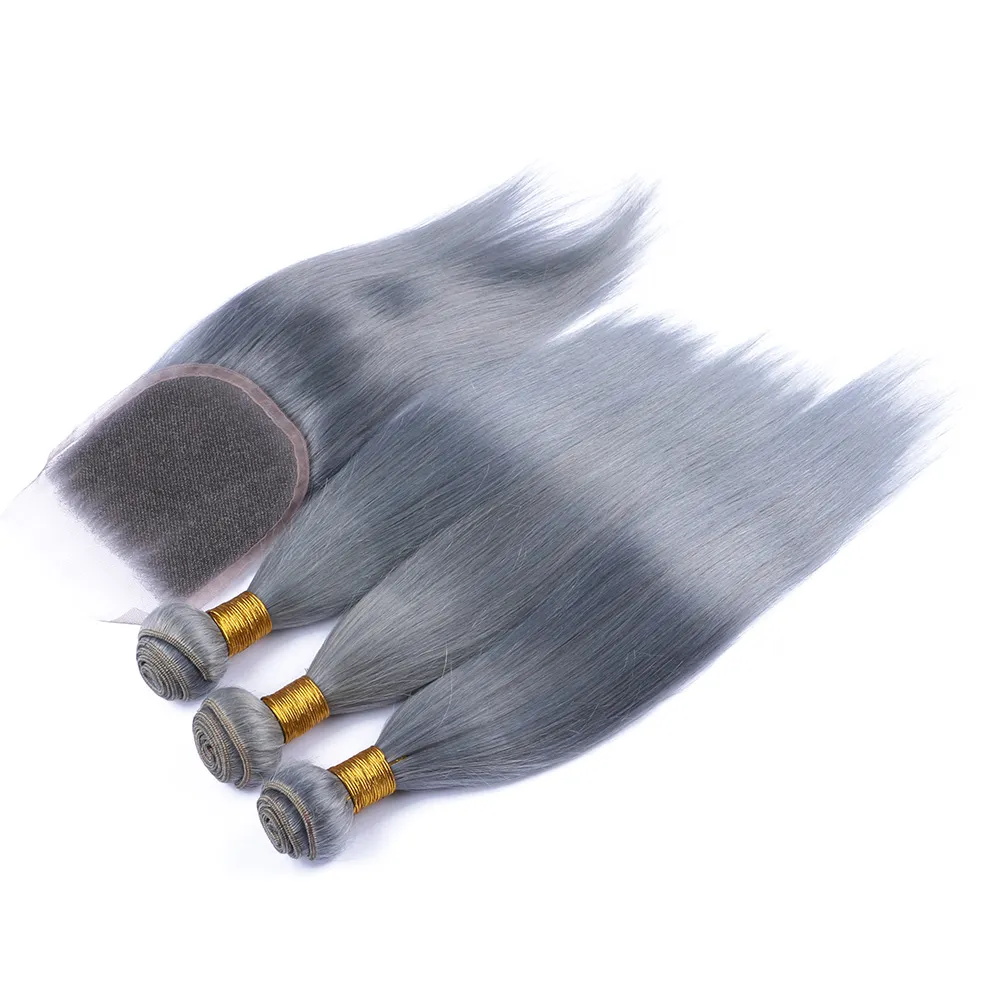Ny ankomst ren färg grå spetsstängning med buntar raka grå hårbuntar brasilianska jungfru remy människan hår silver grå hår 7431397