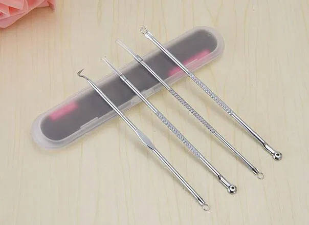 4 st / set Verktyg Kit Acne Extractor Remover Blackhead Pimple Needles Blemish Behandlingar Silver Rostfritt Stål Nål