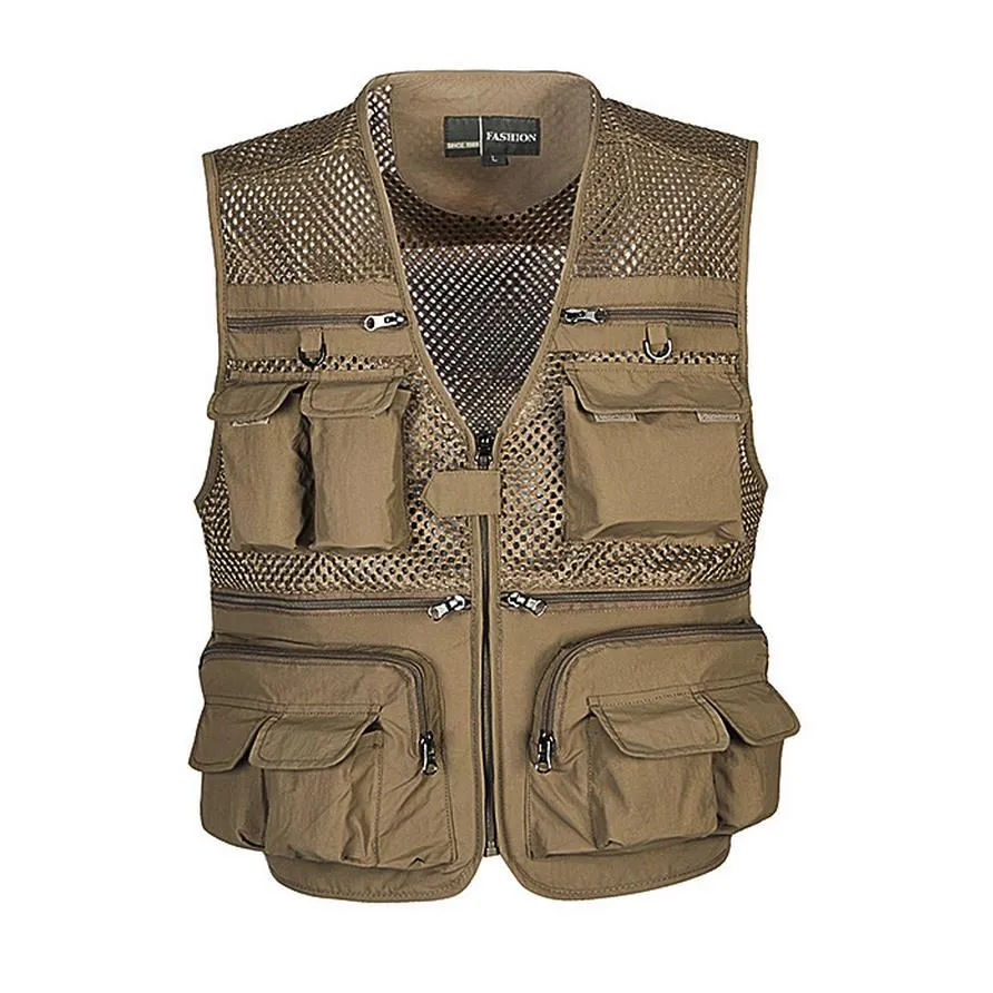 Partihandel- Mens västar ärmlös jacka Cotton Colete Travel Pocket Reporter Journalist Fotograf Vest Waistcoat 4xl Gilet Khaki varumärke