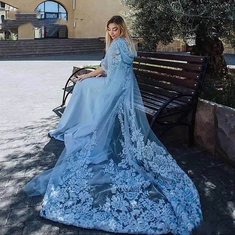 Muslim Evening Dress Light Sky Blue Lace Appliques Hooded Cloak Sweep Train Formal  Prom Dress from Dhgate Evening Dresses - price 142.72