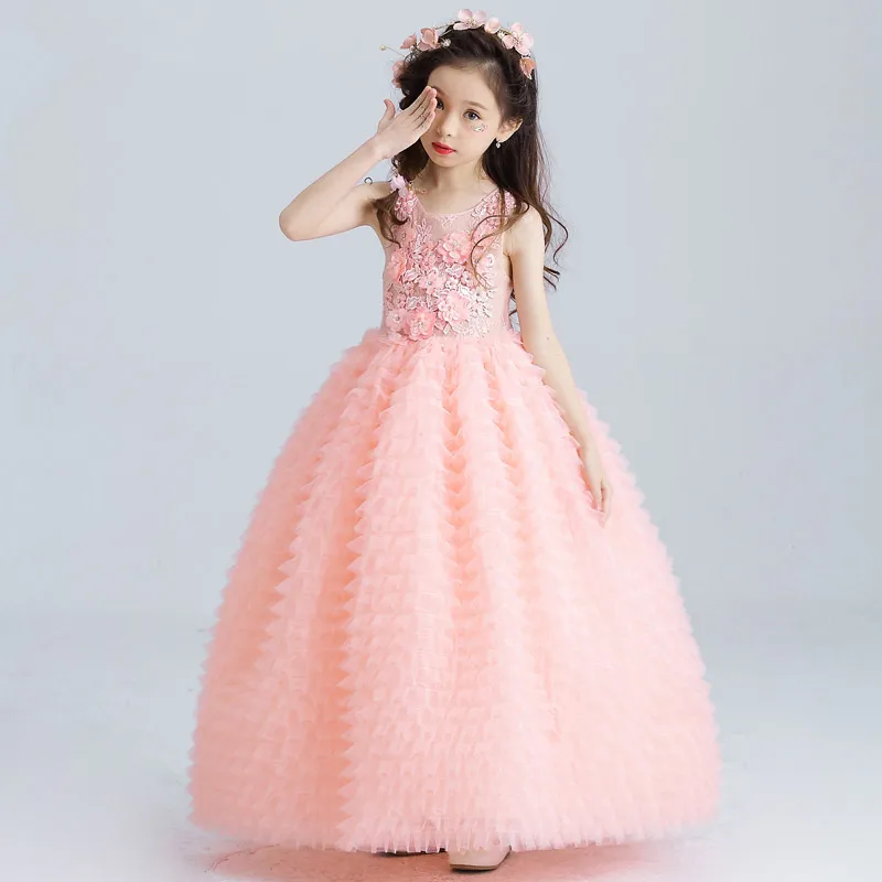 Abito da ragazza di fiori in tulle rosa di lusso Abito da sposa bambini Abito da cerimonia alla caviglia con applicazioni di perline Abito da ballo bambini Abiti da prima comunione