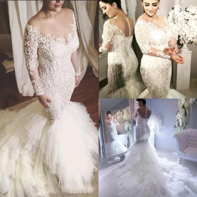 Plus Storlek Bröllopsklänningar Fancy Lace Bridal Gowns With Sleeves Illusion Tiered Mermaid Long Train Dress for Weddings