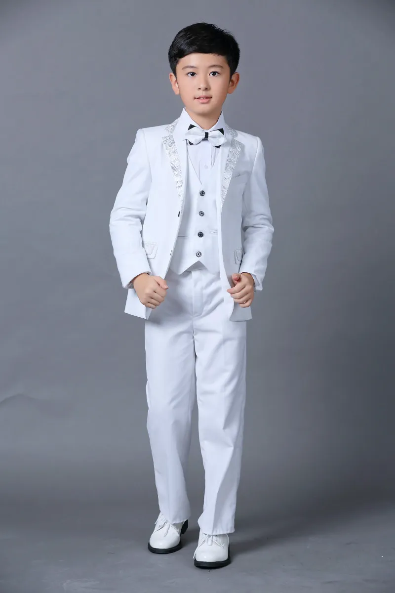 Boys Wedding Suits New Size 2-10 White Boy Suit Formal Party Five Sets Bow Tie Pants Vest Shirt Kids Suits In Stock