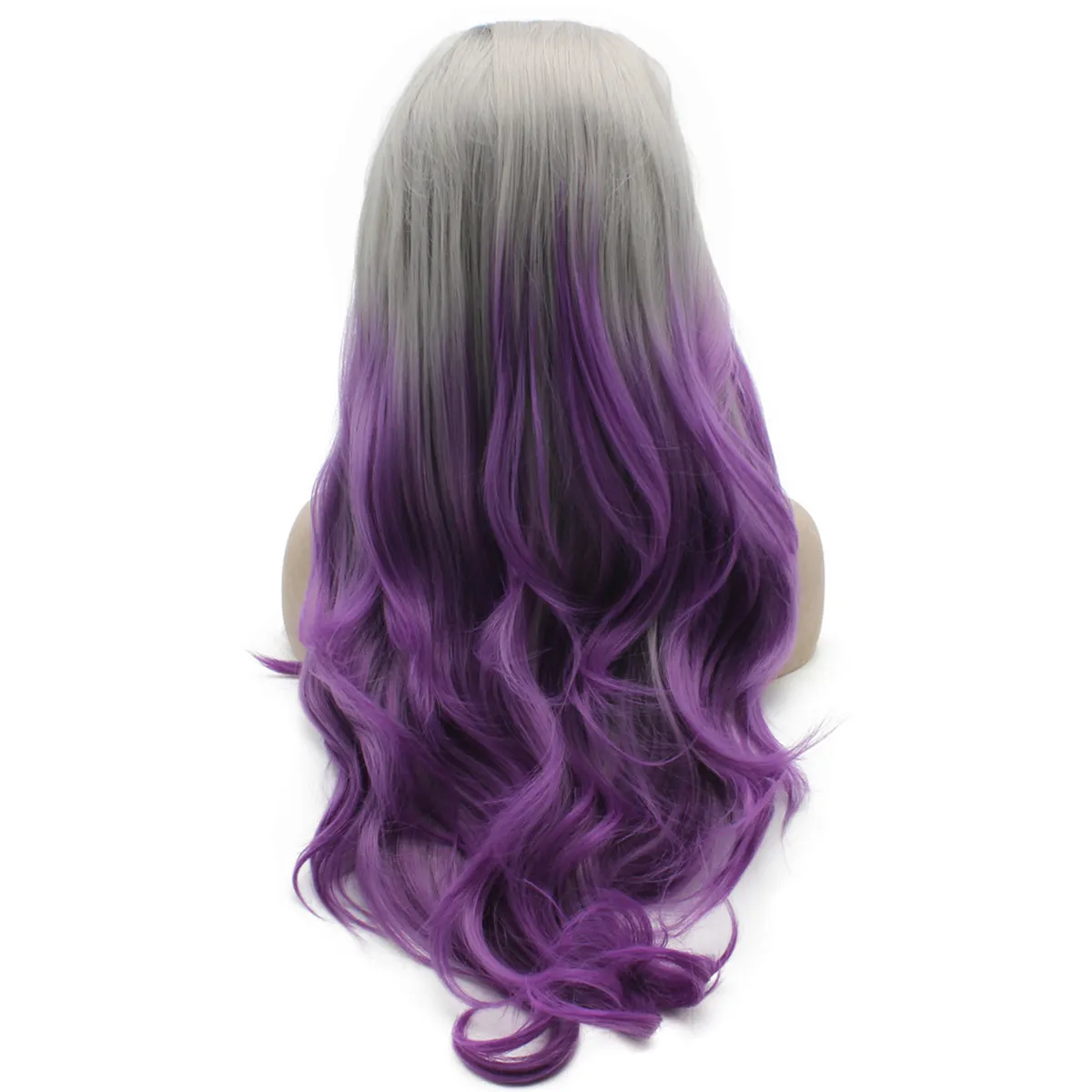 Perruque Lace Front Cheveux Longs Ondulés Gris Violet Ombre Chaleur Fibre Cheveux