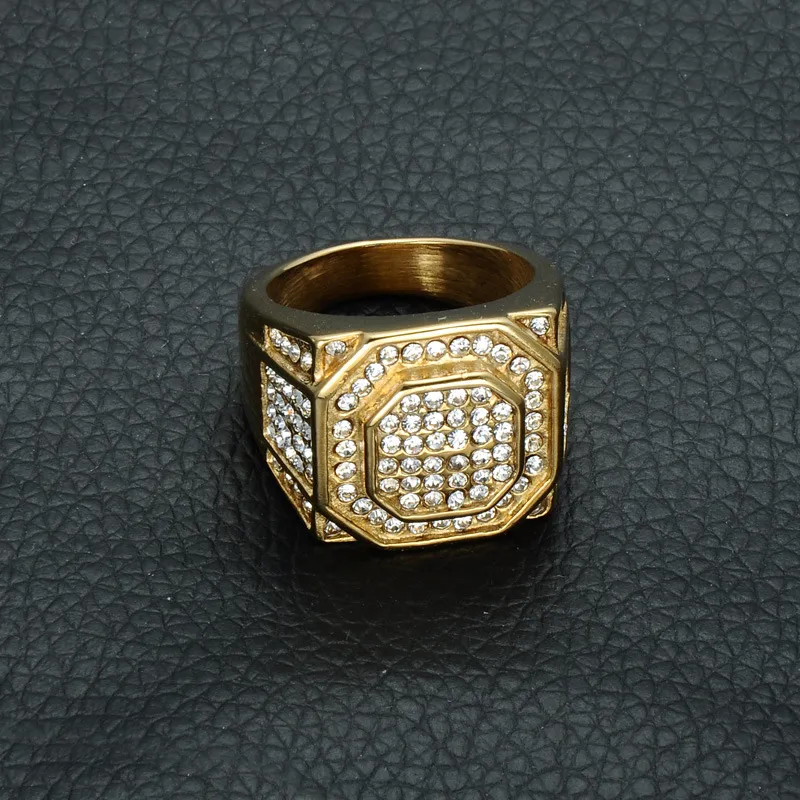 Hip Hop Micro Pave Rhinestone Iced Out Bling Ring шестиугольная IP Gold Filled Титановые кольца нержавеющей стали для мужчин