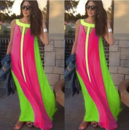 Fahion Chiffon Bright Color Patchwork 캐주얼 드레스 소매가 Sundress Looke Long Dress Cheap Women Summer Boho Maxi Dresses227Y