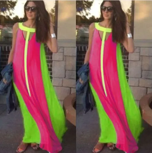 Fahion Chiffon Bright Color Patchwork Casual Dresses Sleeveless Sundress Loose Long Dress Cheap Women Summer Boho Maxi Dresses