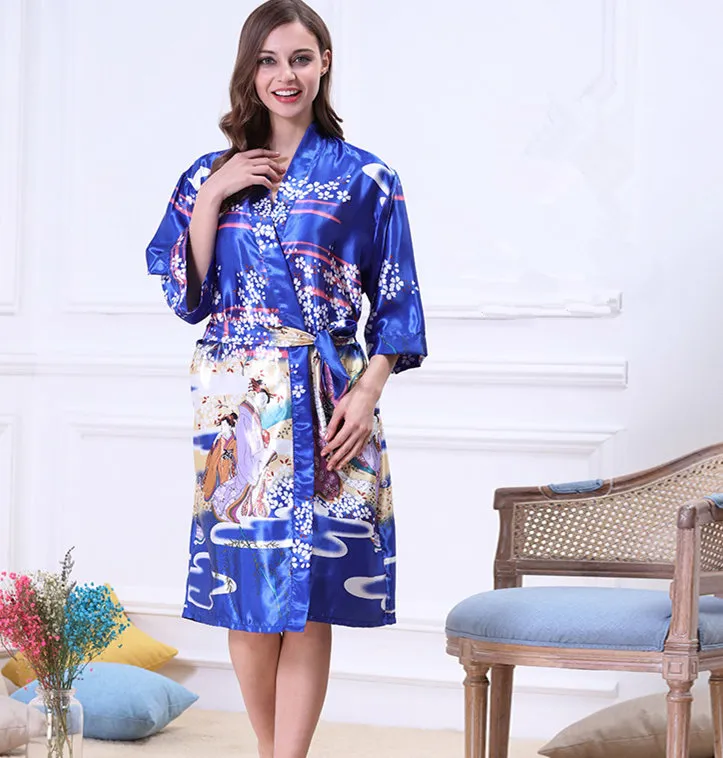 Camisón tipo kimono Yukata japonés para mujer, estampado Floral, batas Vintage de seda satinada, lencería Sexy, Pijama