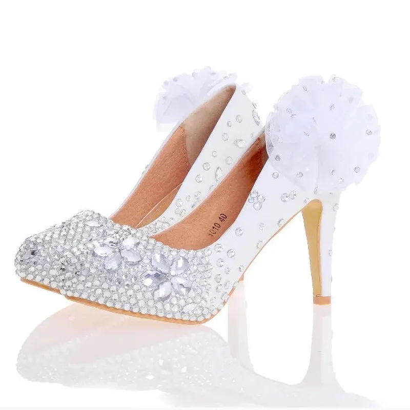 Chaussures à talons hauts pour femmes, blanc et rouge, strass argentés, chaussures de fête de mariage, faites à la main, avec Appliques, chaussures de demoiselle d'honneur