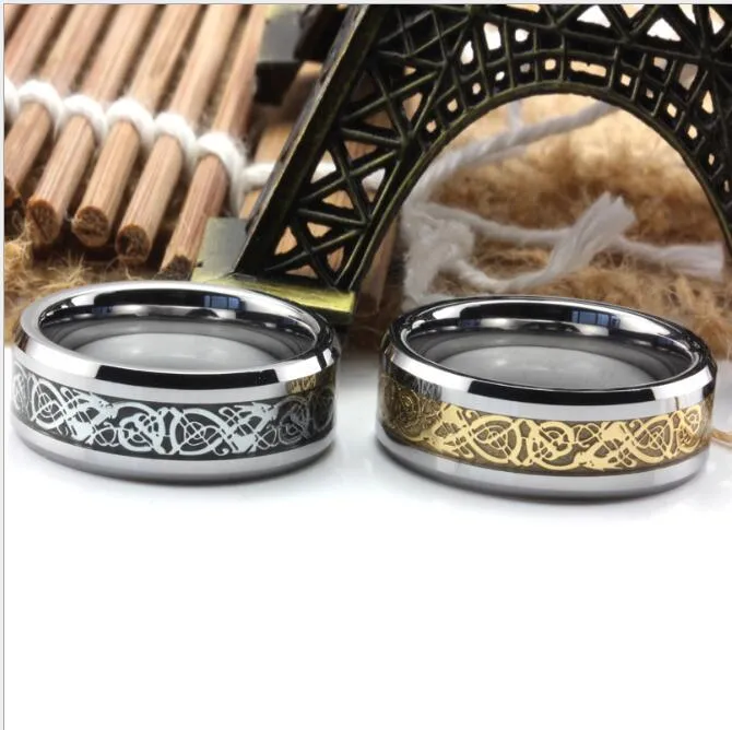 Siver Dragon Inlay Tungsten Carbide Ring Punk Style Fashion Jewelry Traditional Culture Dragon Ring 8mm Wide S voor koppels2577