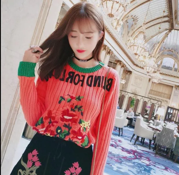 2018 High End Dark Pink Blind For Love Pullover Women Brand Same Style Beads Crystals Knitting Women`s Sweaters Runway Style Sweaters 110132