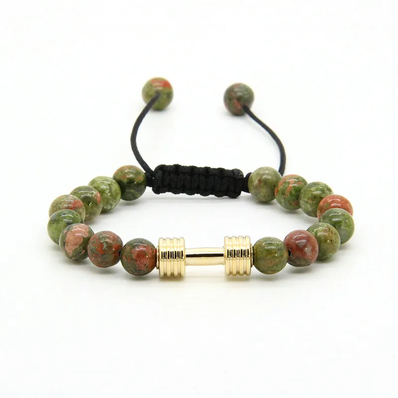 Braceletes de desporto dos homens Atacado 8mm Unakite Stone Beads com New Barbell Fitness Dumbbell Macrame Charms Pulseiras