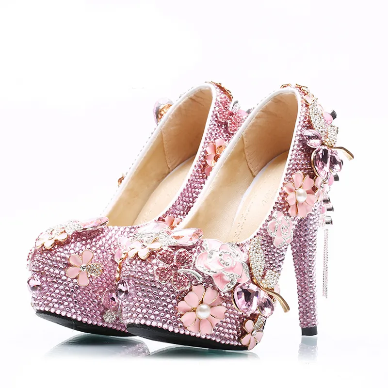 Luxurious Pink Rhinestone Wedding Shoes Bridal High Heels Platforms Crystal Cinderella Prom Party Pumps Plus Size Women Pumps