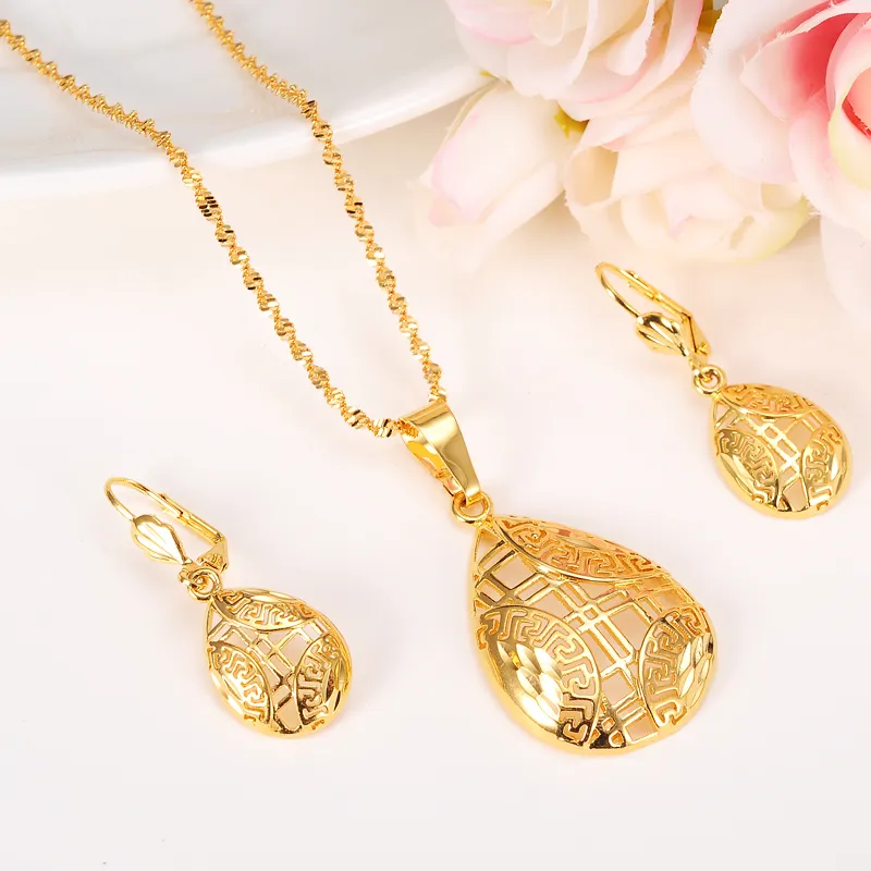 New Jewelry sets Elegance Necklace Earrings Fine 14k Real Solid Yellow Gold Girlfriend Sweethearts Daughter Wedding Gifts