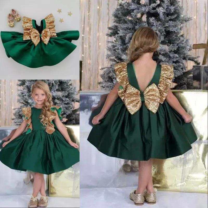 Dark Green Flower Girl Dress: Sequined Bow, Satin, Knee-Length A-Line  Communion Pageant Dress New Arrival!