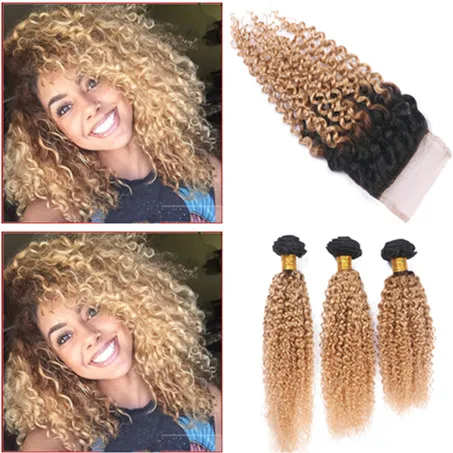 Brazilian Honey Blonde Dark Root Ombre 3Bundles With Closure 4x4 Kinky Curly Ombre 1B/27 Two Tone Lace Front Closure With Extensions