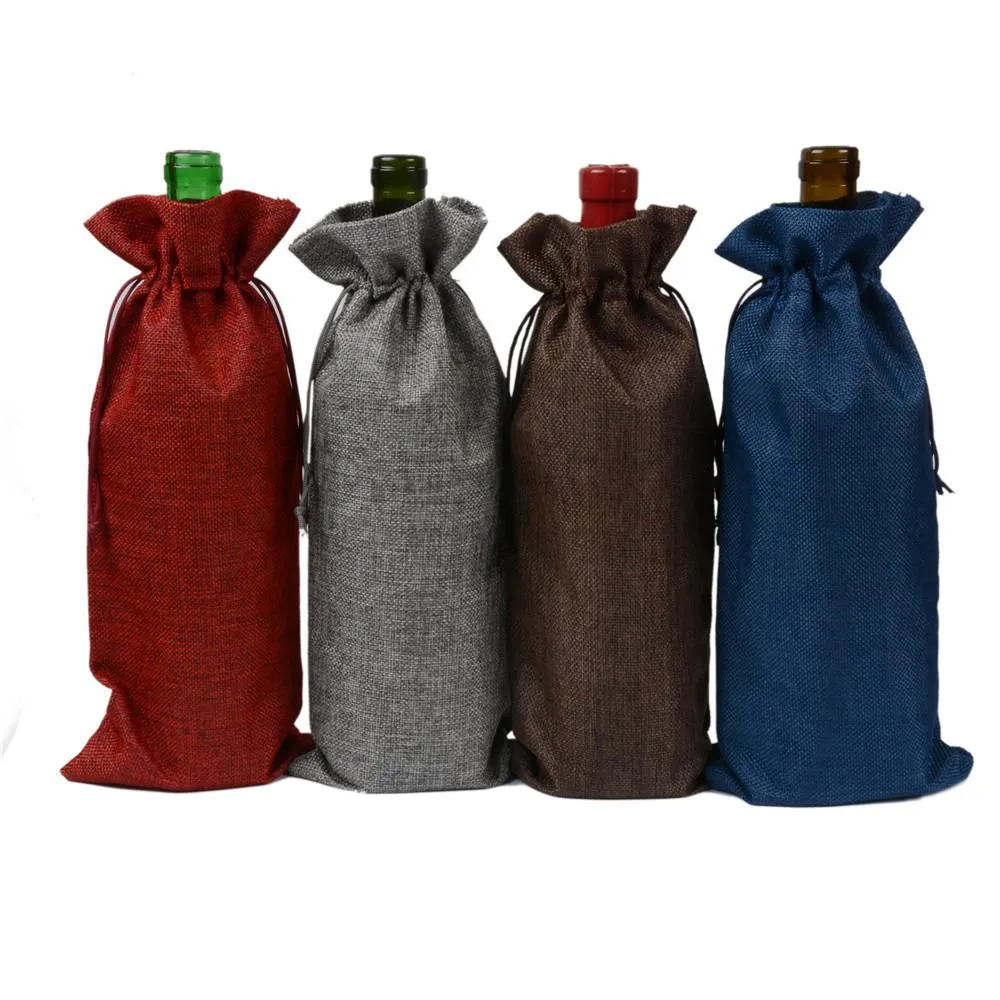 16 * 36cm Linen Drawstring red Bags Wine bottle packaging Jute pouches custom logo.