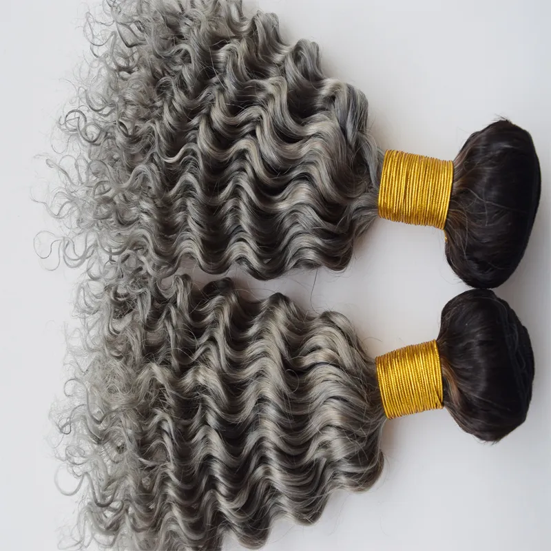 Ombre färg # 1b grå djupvåg lockig malaysisk 9a mänskligt hår buntar / mycket två ton mörk rot sliver grå mänsklig hårförlängning
