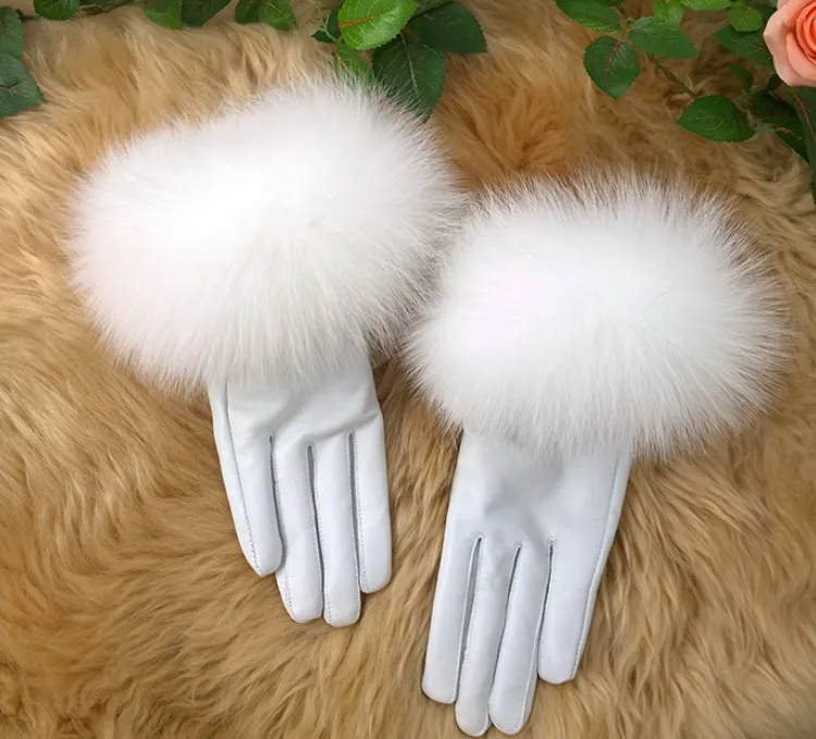 Femmes fourrure de renard gants en peau d'agneau véritable gants en cuir gants en cuir chaud mode 40455259460