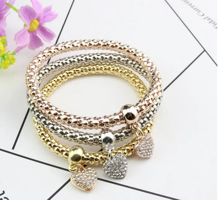 Drie-tier drie - kleur maïsketting met diamant hart liefde elastische popcorn armband ketting