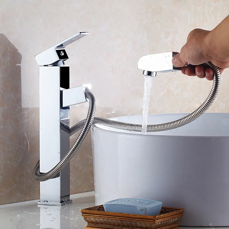 Les ventes chaudes! Robinet de lavabo de salle de bains carré en laiton, avec pulvérisateur extractible, mitigeur de vanité, robinet d'évier en laiton chromé poli