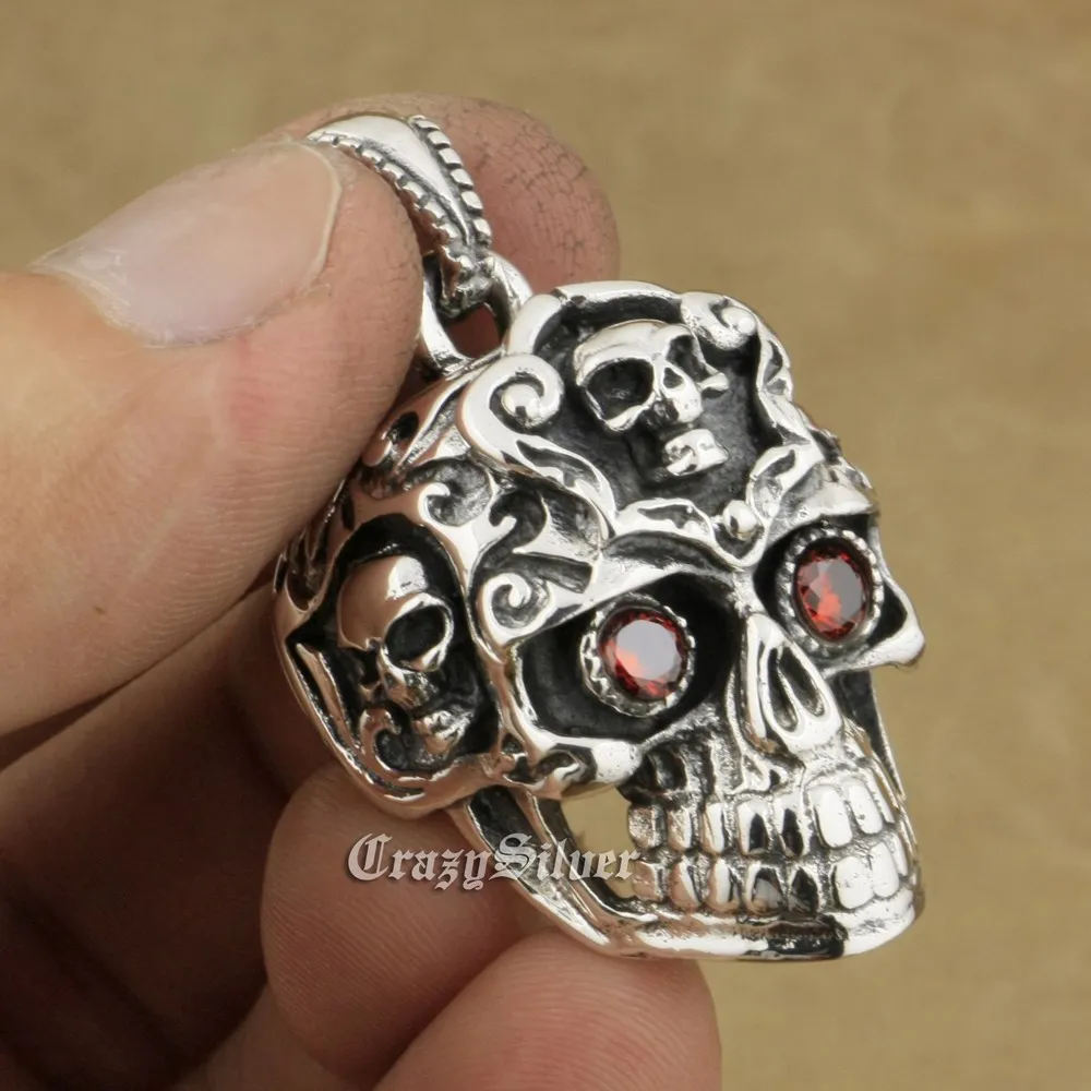 LINSION 925 Sterling Silver Red CZ Eyes Huge Smile Skull Mens Biker Rock Punk Pendant 8A035 Stainless Steel Necklace 24 inches