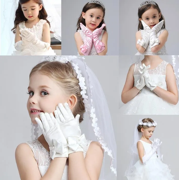 White Kids Inverno Sem Fingerless Luvas Com Luva Luva De Casamento Laço Pérola Luvas Nupcial Princesa Flower Girl Bridal Acessórios