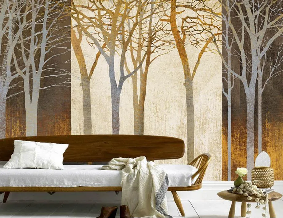 Beställnings- foto lyxig 3D-tapet Vacker handmålade gyllene skogar Abstrakt grenbakgrund 3D-väggpapper för vardagsrum