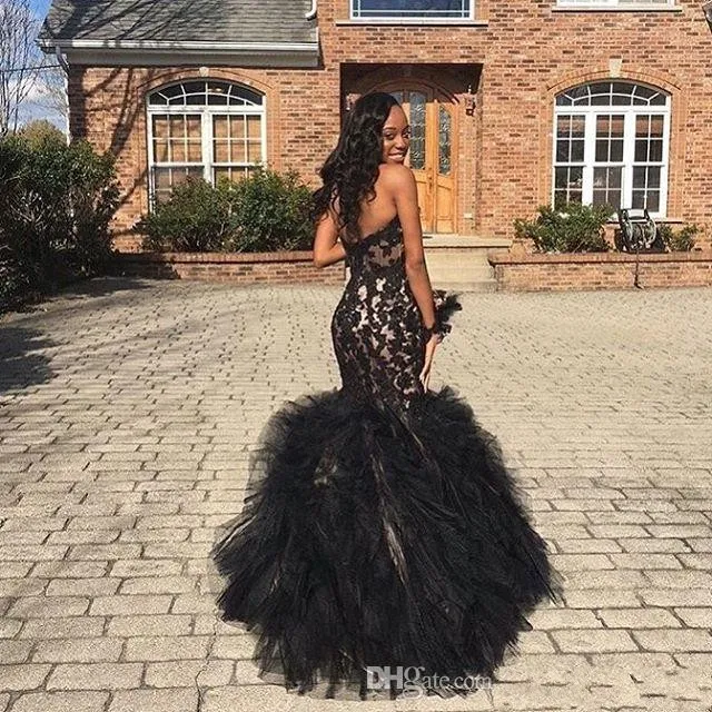 2017 Sexy Long Prom Dresses Mermaid Sweetheart Beaded Appliques Black Girl Prom 2K17 Prom Party Gowns Ruffles Tiered Plus Size Formal Dress