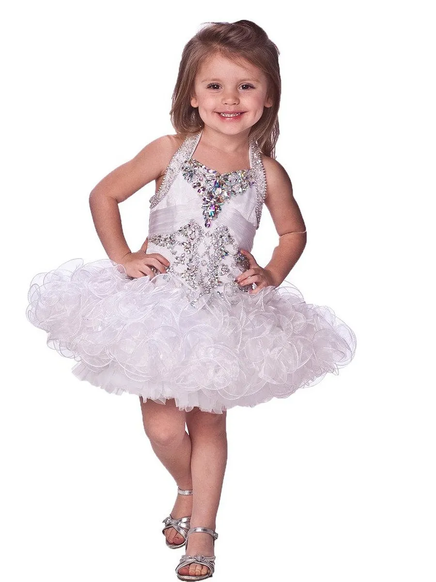 Blumenmädchen Glitzer-Perlen-Festzug-Cupcake-Kleider, kurze Mini-Röcke für Kleinkinder, Tutu-Mädchen, weiße Neckholder-Kleider