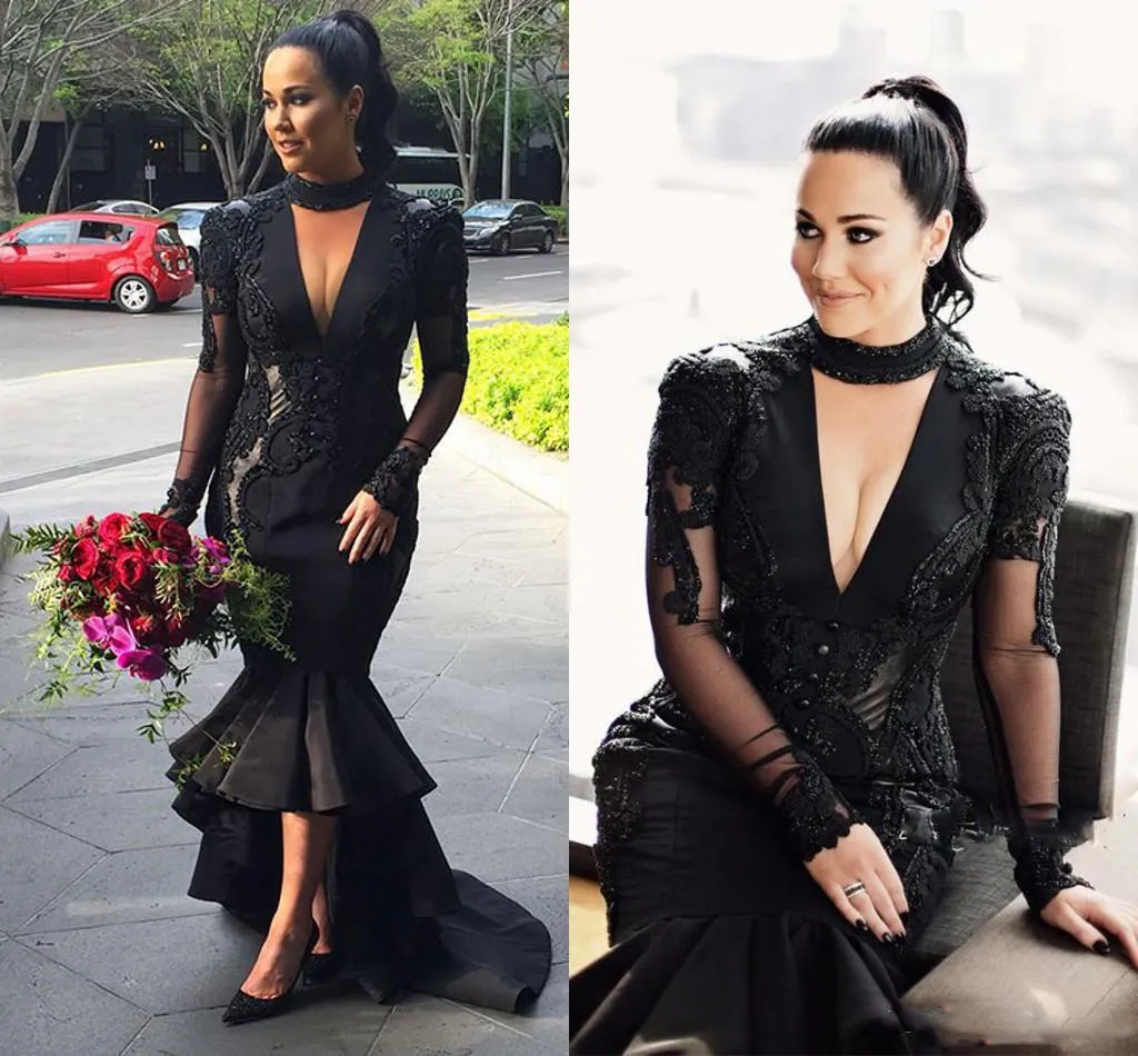 Black Deep V Neck Prom Dresses 2017 Plus Size Halter Lace Appliques Evening Gowns Satin High Low Arabic Mermaid Party Dresses Custom Made