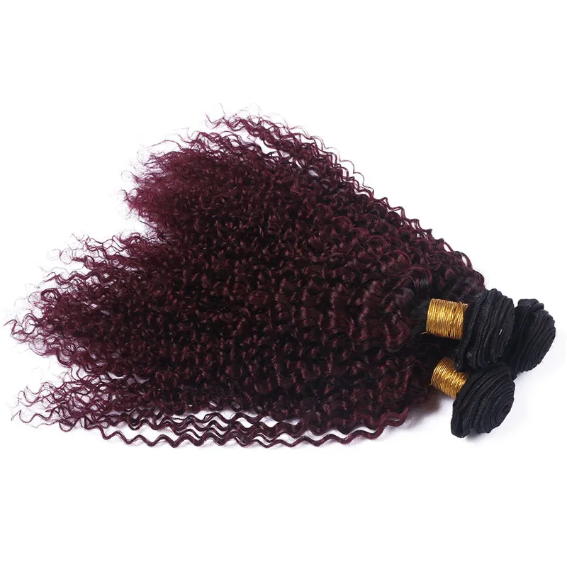 Kinky Curly Dwa Tone # 1B / 99J Wine Red Ombre Ludzkie Włosy Uwagi Hurtownia Dziewiczy Brazylijski Burgundia Ombre Human Włoski Wiązki 3 sztuk 