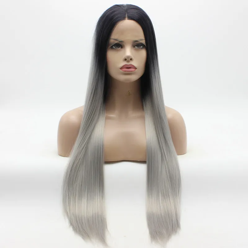 Iwona Hair Straight Extra Długi Ciemny Root Grey Ombre Wig 22 # 1/0906 Połowa rozdrabniana Heat Odporność na ciepło Syntetyczne koronki Peruki