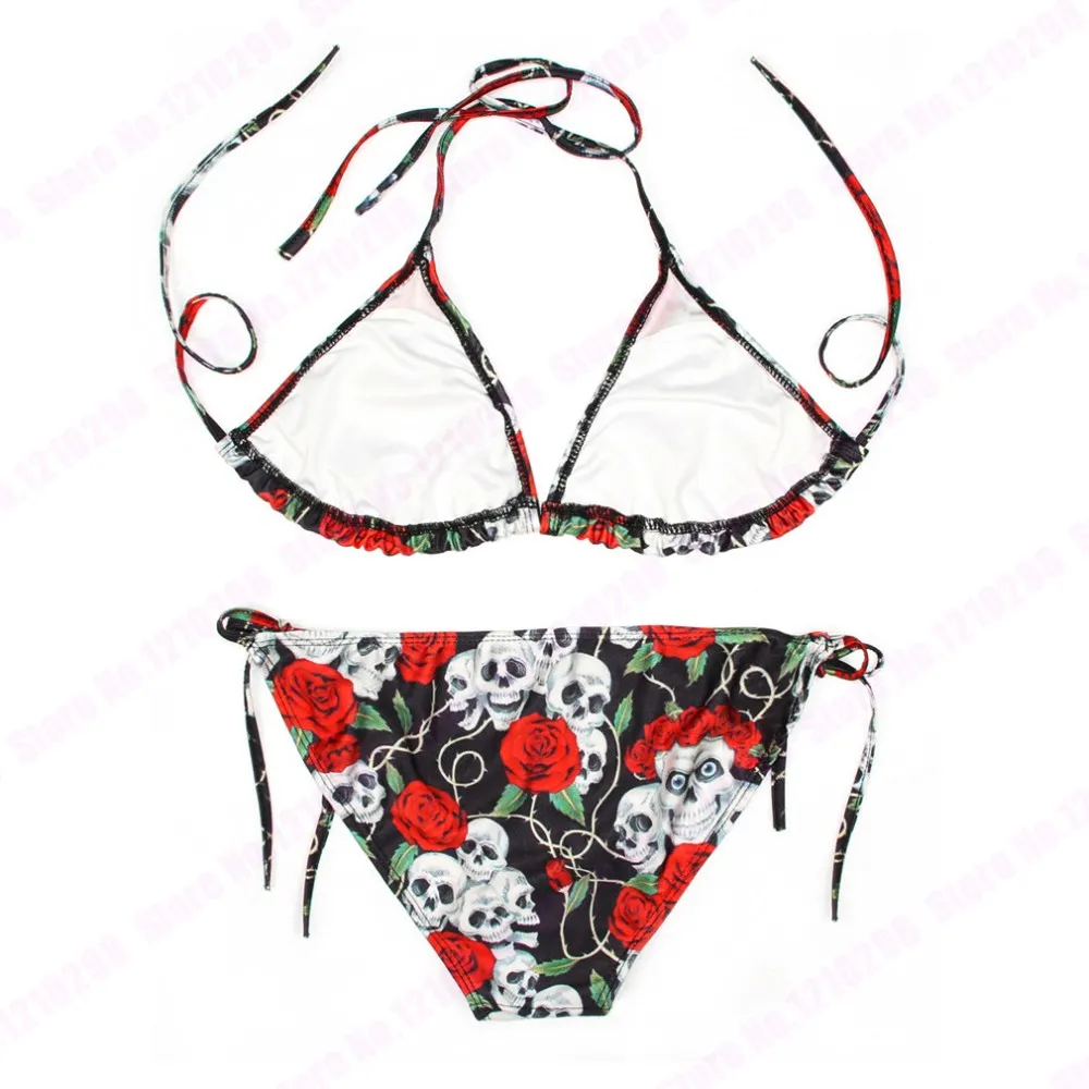 Set bikini con teschio con stampa 3D Fiore colorato Bacio con teschio Costumi da bagno a due pezzi Dita con teschio Costumi da bagno con fasciatura da donna economici