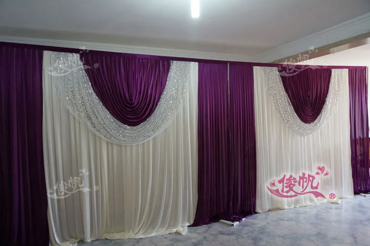 Fondali da matrimonio 3 * 6 m decorazione romantica tenda da sposa bianca con festoni viola paillettes consegna veloce