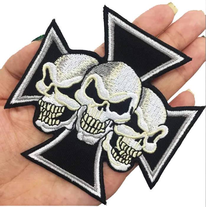 Fantastic Maltese Cross Devil Triple Skulls Christian Embroidered Patch Iron On Sew On Patch For Biker Clothing Jacket Vest 