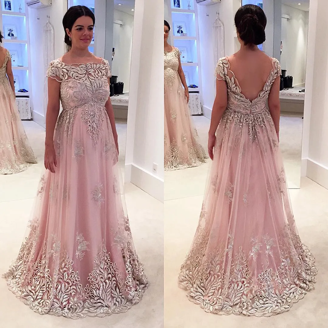 Roze plus size prom dresses backless kant applique korte mouw avondjurken goedkoop een lijn formele speciale gelegenheid jurk