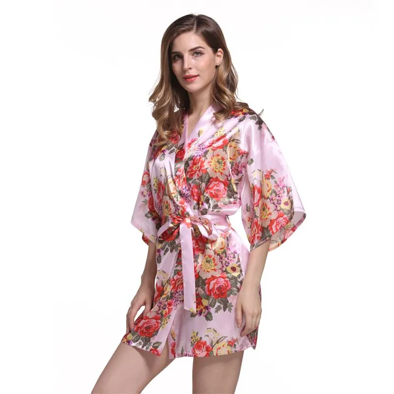 Satin Wedding Bride Bridesmaid Robe Floral Bathrobe Flower Print Kimono Robe Dressing Night Gown for Women1519712