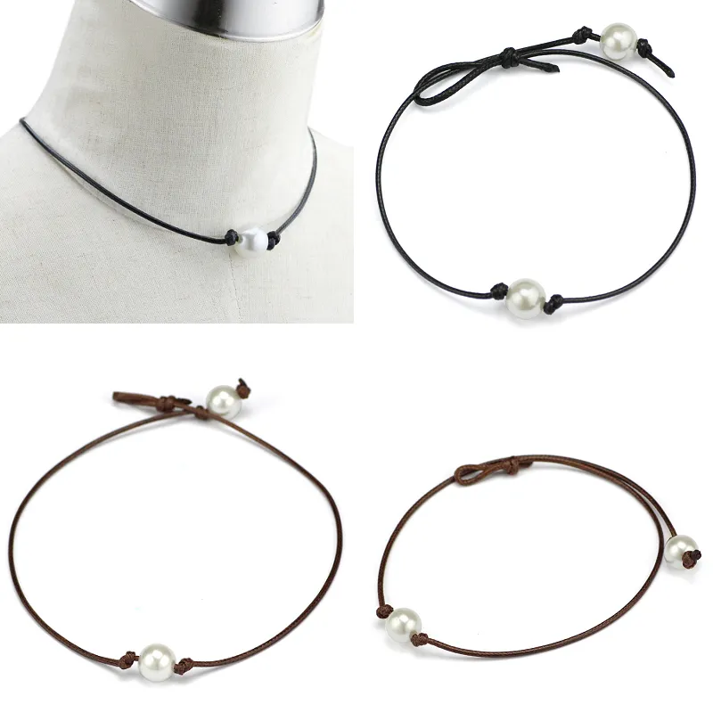 Simple and Elegant High Luster Pearls Leather Choker Necklaces Women's Punk Style Hand Knotted Fashion Jewelry