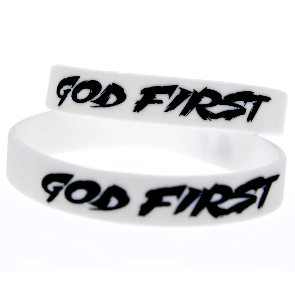 1 PC God First Bracelet En Caoutchouc De Silicone Rempli D'encre Décoration Logo Doux Et Flexible Blanc Taille Adulte