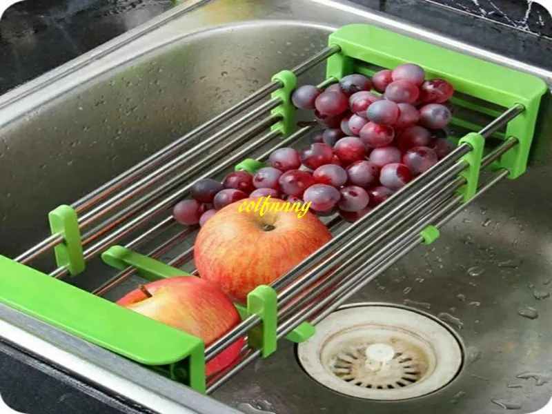 Livraison gratuite panier en osier rétractable en acier inoxydable étagère réglable fruits légumes égouttoir plateau égouttoir à vaisselle