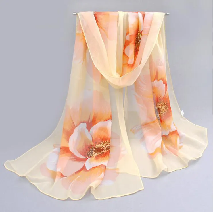 Sciarpa da donna a buon mercato in fabbrica Marca di seta Stampa di lusso Fiore Poliestere Donna Scarabocchio in chiffon Fiore stampato Sciarpa avvolgente Copertura da spiaggia Sarog160 * 50cm