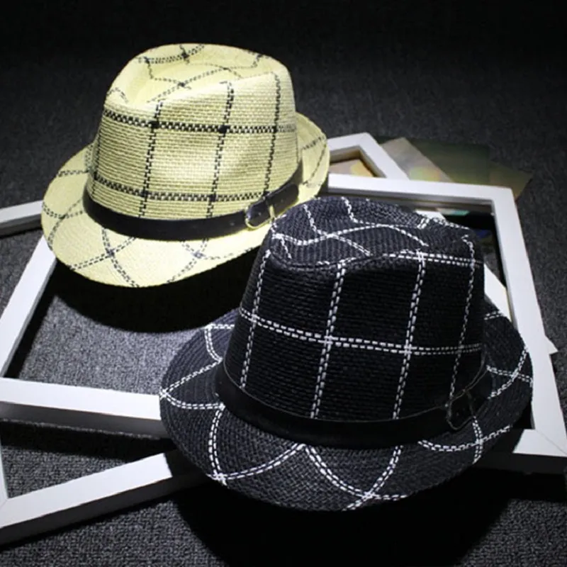 Mode mannen plaid stro jazz hoed met lederen riem bowler rand fedora hoeden zomer strand stijlvolle panama caps zon bescherming