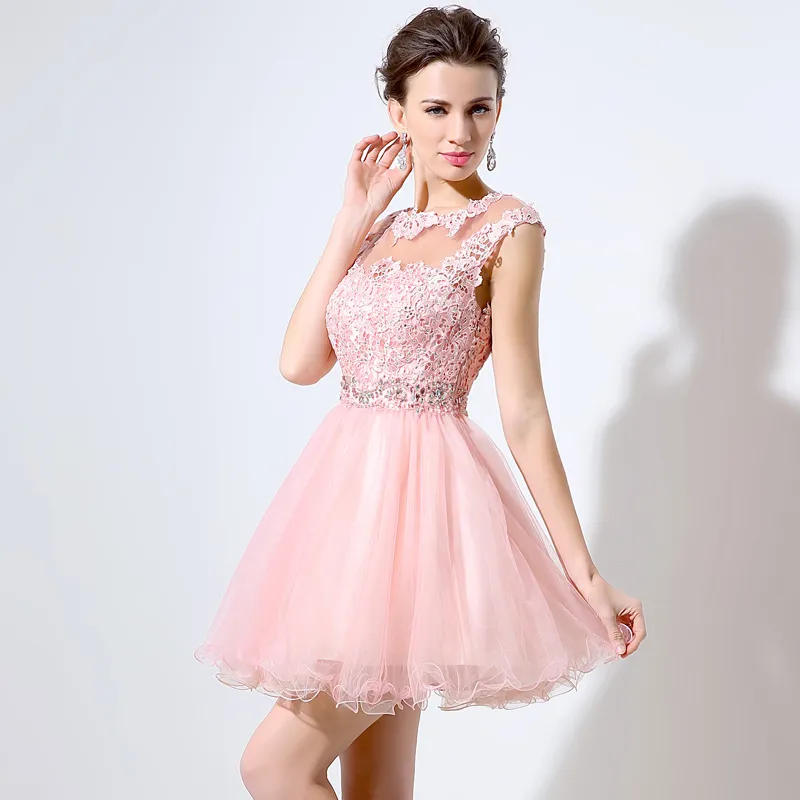 Симпатичные розовые короткие выпускные платья дешевые мини -тул кружевные бусины для туса