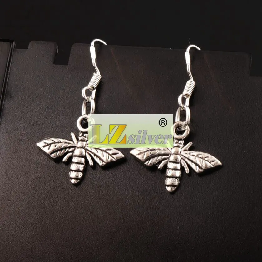 Bee Flying Dangle & Chandelier Earrings 925 Silver Fish Ear Hook 17.2x30.5mm E962