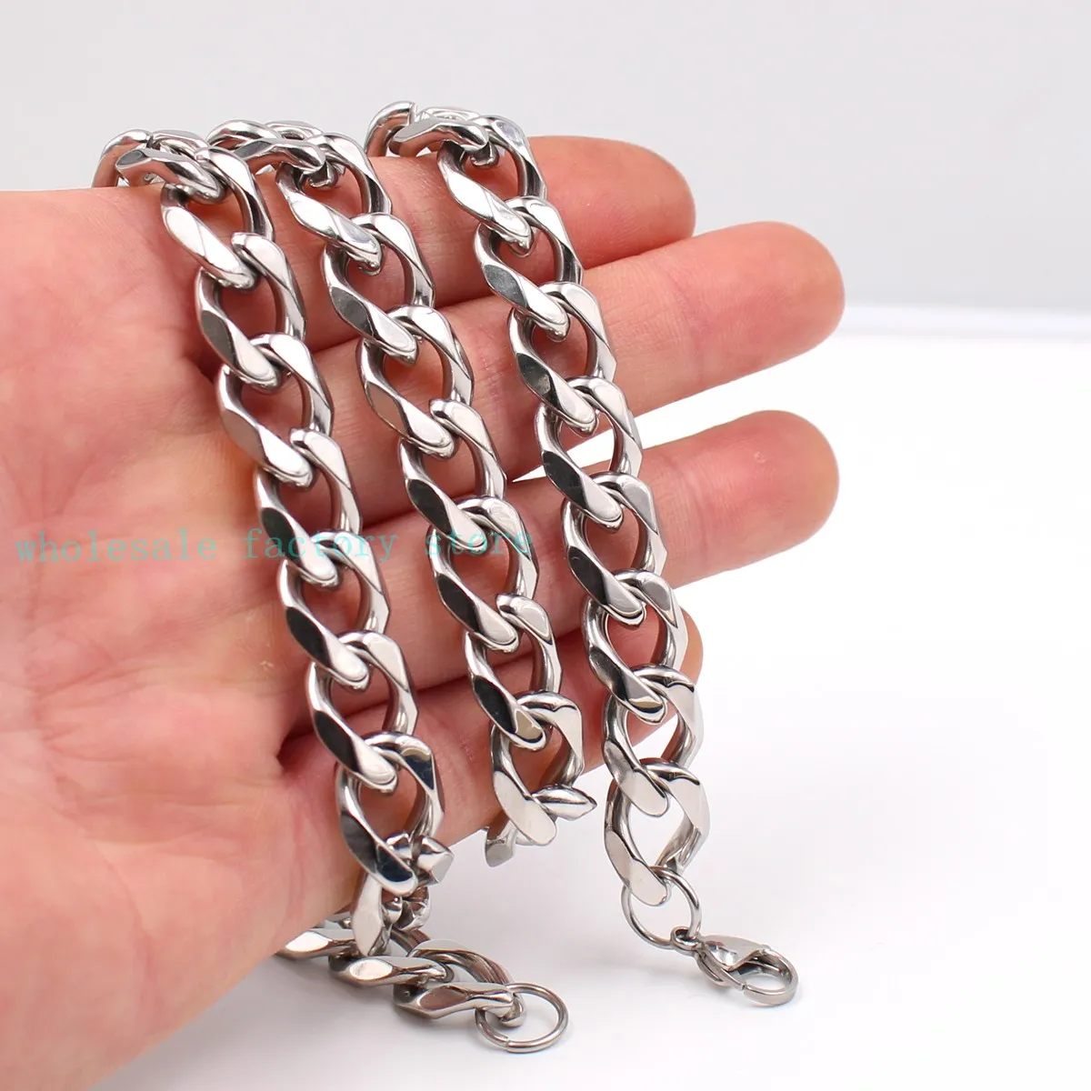 Silver Lobster Clasp High Polished Stainless steel 15mm Cuban Curb Link Chain 24'' Necklace + 8.66" Bracelet Set